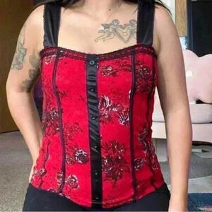 Pinkeli Women’s Red & Black Button Up Lace Corset Top NWOT 1X